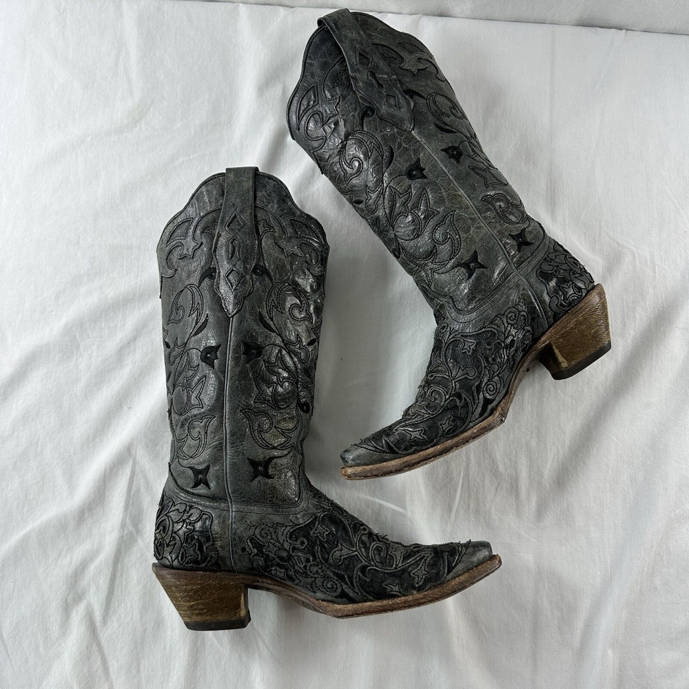 Corral Hancrafted Black Textured Inlay Cowboy Western Women's Boots Size 7 M - Picture 3 of 12